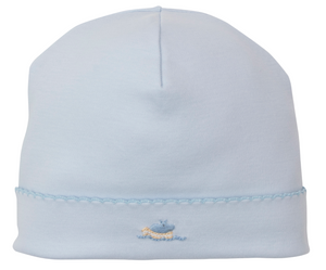 The Kissy Kissy Premier Noah's Ark Hat with Hand Emb. is a light blue Pima cotton baby hat featuring soft fabric and a hand-embroidered blue and yellow duck near the brim, part of the charming Noah's Ark Collection.