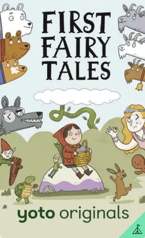 An illustration featuring fairy tale characters—Little Red Riding Hood, a wolf, a princess, and various animals—appears beneath the title “Yoto Card: First Fairy Tales.” The Yoto brand name is displayed at the bottom, evoking the enchantment of classic stories for children.