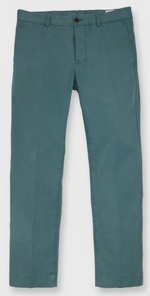 A pair of Sid Mashburn Garment-Dyed Field Pant in teal, crafted from durable cotton twill with a straight-leg silhouette, belt loops, button closure, and side pockets, laid flat on a white background.