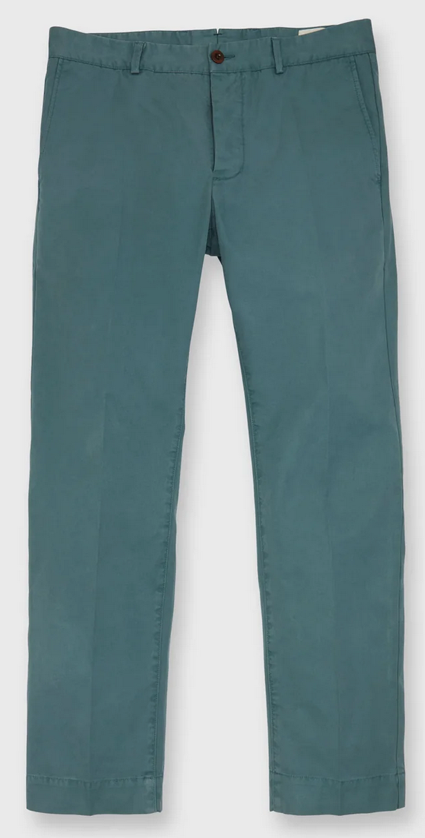A pair of Sid Mashburn Garment-Dyed Field Pant in teal, crafted from durable cotton twill with a straight-leg silhouette, belt loops, button closure, and side pockets, laid flat on a white background.