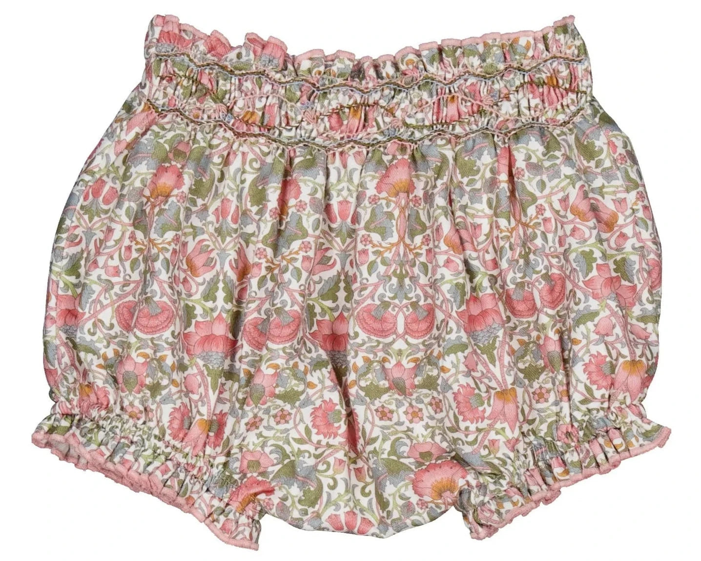 The Kidiwi Baby Girls' Myrtille Smocked Bloomer features an elastic waistband and leg openings, made from 100% cotton with a floral print in pink, green, and beige.