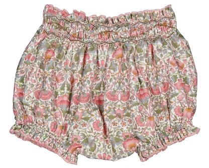 The Kidiwi Baby Girls' Myrtille Smocked Bloomer features an elastic waistband and leg openings, made from 100% cotton with a floral print in pink, green, and beige.