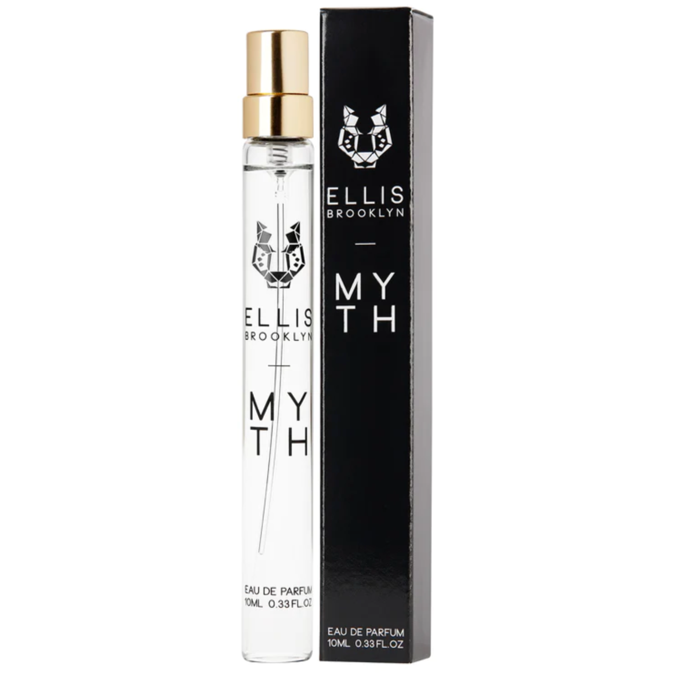 A bottle of Ellis Brooklyn Eau de Parfum Travel Spray 10ml with hints of sandalwood, next to its packaging box.