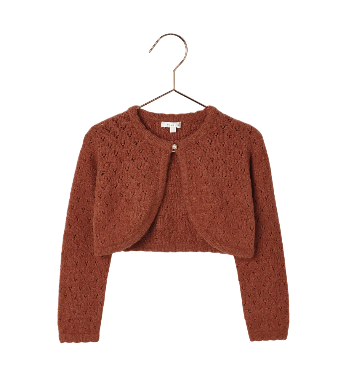 The Noralee Baby Girls' & Girls' Bolero Sweater in rust features a heart pointelle knit, long sleeves, a cropped fit, and a single button closure at the neckline. Displayed on a hanger.