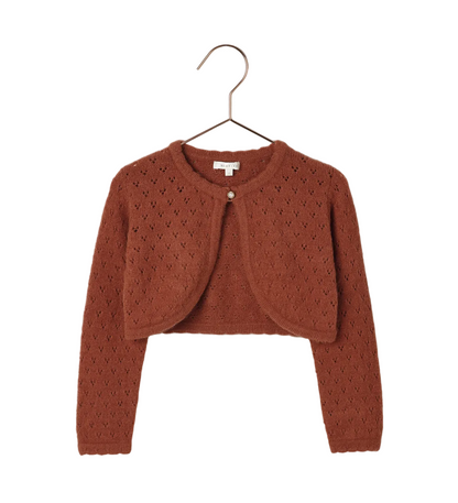 The Noralee Baby Girls' & Girls' Bolero Sweater in rust features a heart pointelle knit, long sleeves, a cropped fit, and a single button closure at the neckline. Displayed on a hanger.