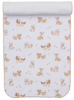 The Kissy Kissy Puppy Paws Printed Burp Cloth is crafted from soft white Pima cotton with a rolled edge, and features a playful pattern of cartoon brown and beige puppies and puppy paw prints.