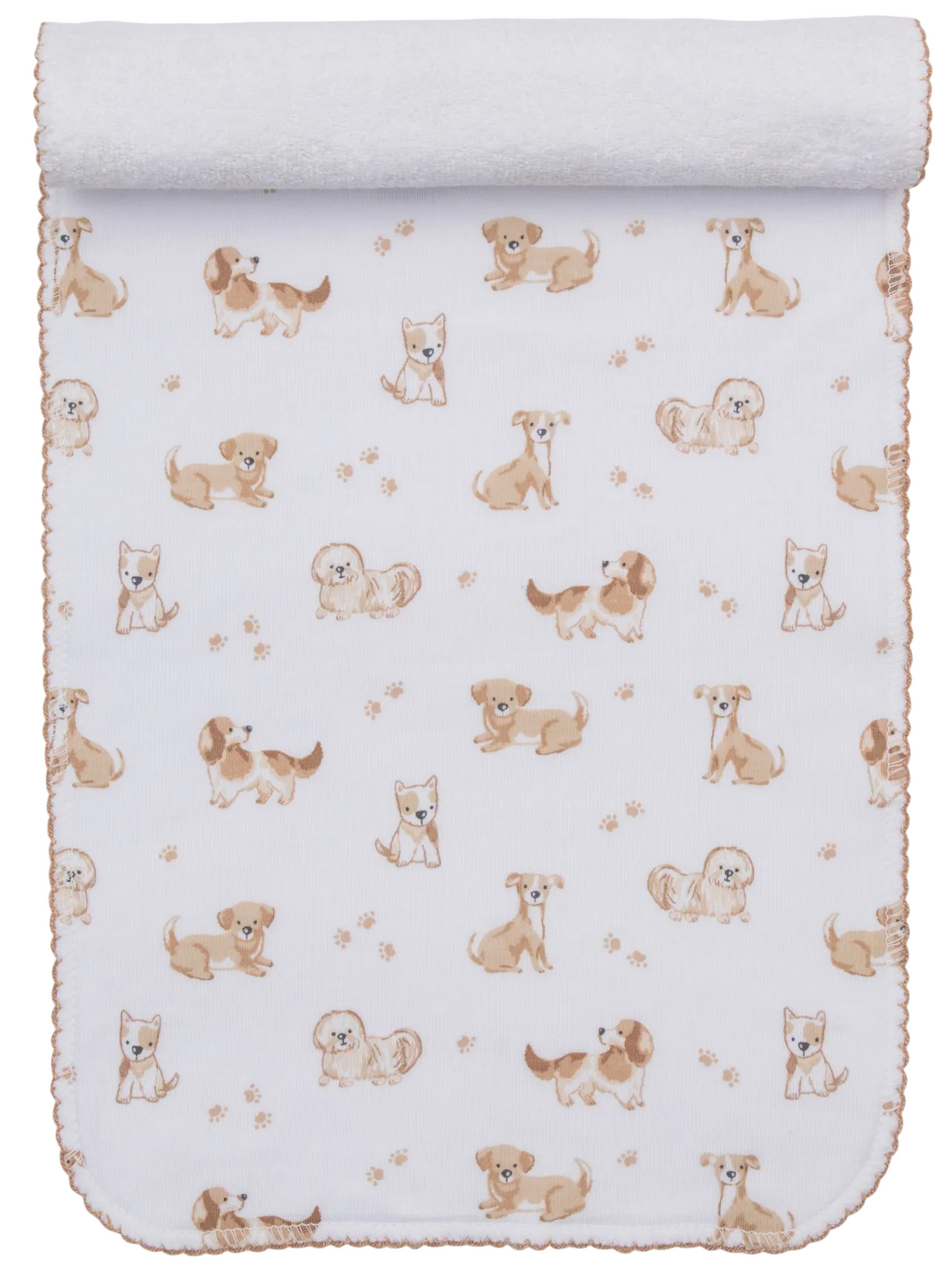 The Kissy Kissy Puppy Paws Printed Burp Cloth is crafted from soft white Pima cotton with a rolled edge, and features a playful pattern of cartoon brown and beige puppies and puppy paw prints.