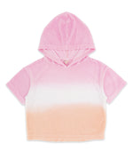 The Girls’ Terry Hoodie by Feather 4 Arrow features a pastel sunset ombre design in shades of pink and peach, crafted from soft velvety terry cloth; this short-sleeve hooded top is displayed laid flat on a white background.