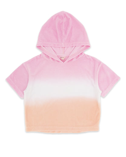 The Girls’ Terry Hoodie by Feather 4 Arrow features a pastel sunset ombre design in shades of pink and peach, crafted from soft velvety terry cloth; this short-sleeve hooded top is displayed laid flat on a white background.