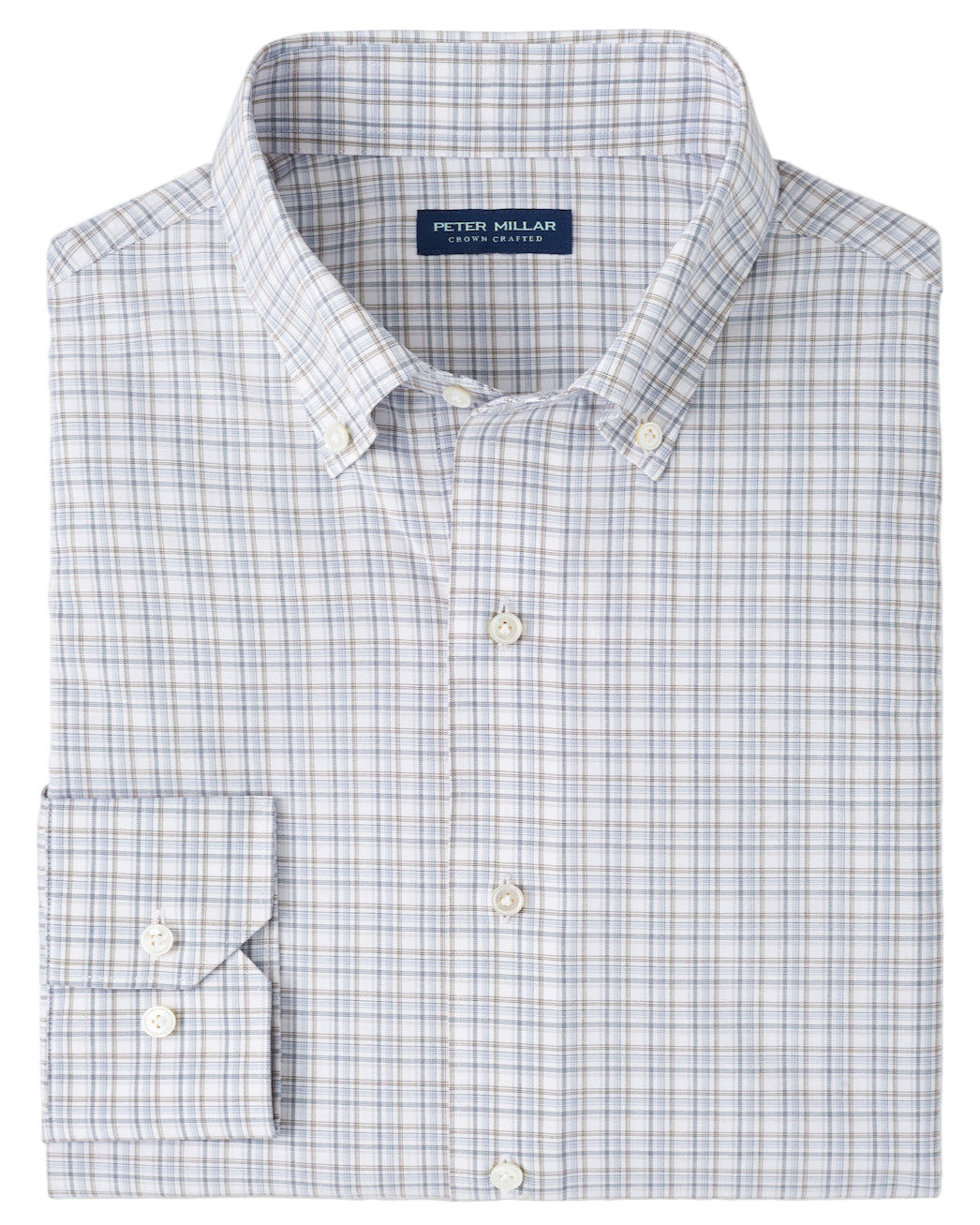 The Peter Millar Carter Performance Poplin Sport Shirt is a neatly folded men’s long-sleeve button-down in a blue, gray, and white plaid pattern with a Peter Millar label on the inside collar.