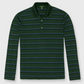 The Sid Mashburn Long-Sleeved Rally Polo is a dark green slim-fit men’s polo in cotton-cashmere with blue and white stripes, a collar, and three-button placket, offering sweater-knit comfort and classic style.