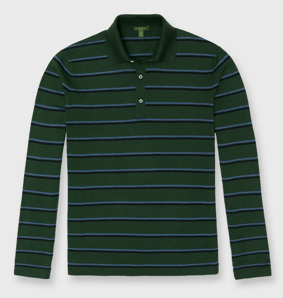 The Sid Mashburn Long-Sleeved Rally Polo is a dark green slim-fit men’s polo in cotton-cashmere with blue and white stripes, a collar, and three-button placket, offering sweater-knit comfort and classic style.