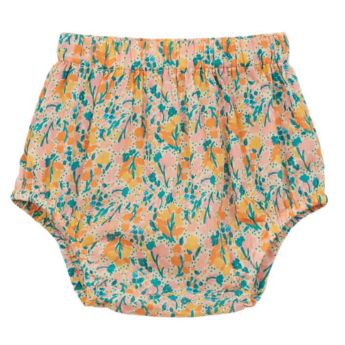 The Arsene & Les Pipelettes Baby Girls' Flora Bloomer features an elasticated waist and leg openings, and showcases a pastel floral print in pink, yellow, and blue.