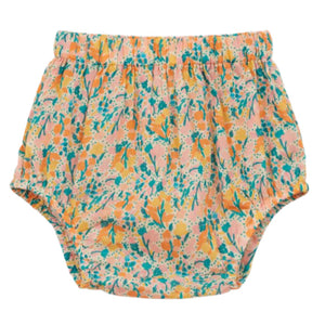 The Arsene & Les Pipelettes Baby Girls' Flora Bloomer features an elasticated waist and leg openings, and showcases a pastel floral print in pink, yellow, and blue.