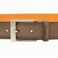 The Magnanni Telante Belt features brown suede leather with antiqued details and a brushed nickel buckle, displayed against a white background.