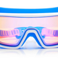 Bling2O Kids' Prismatic Goggles in blue and white feature a wide prismatic lens, blue adjustable strap, and UV protection, shown on a white background.