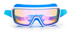 Bling2O Kids' Prismatic Goggles in blue and white feature a wide prismatic lens, blue adjustable strap, and UV protection, shown on a white background.