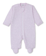 The Kissy Kissy Baby Crescent Moonlight Zip Footie in lavender is made from 100% Pima cotton, complete with a zip front, cozy footies, and delightful moon and star patterns.