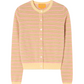 The Pebble Stripe Jane Cardigan by Guest in Residence is a lightweight, long-sleeve cashmere sweater with pink and yellow stripes, a cream collar, cuffs, hem, and classic button-front closure.
