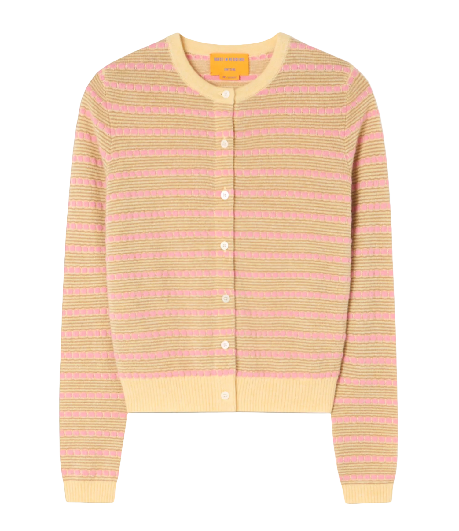 The Pebble Stripe Jane Cardigan by Guest in Residence is a lightweight, long-sleeve cashmere sweater with pink and yellow stripes, a cream collar, cuffs, hem, and classic button-front closure.