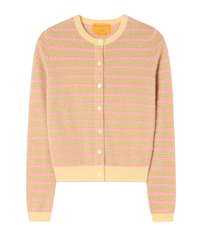 The Pebble Stripe Jane Cardigan by Guest in Residence is a lightweight, long-sleeve cashmere sweater with pink and yellow stripes, a cream collar, cuffs, hem, and classic button-front closure.