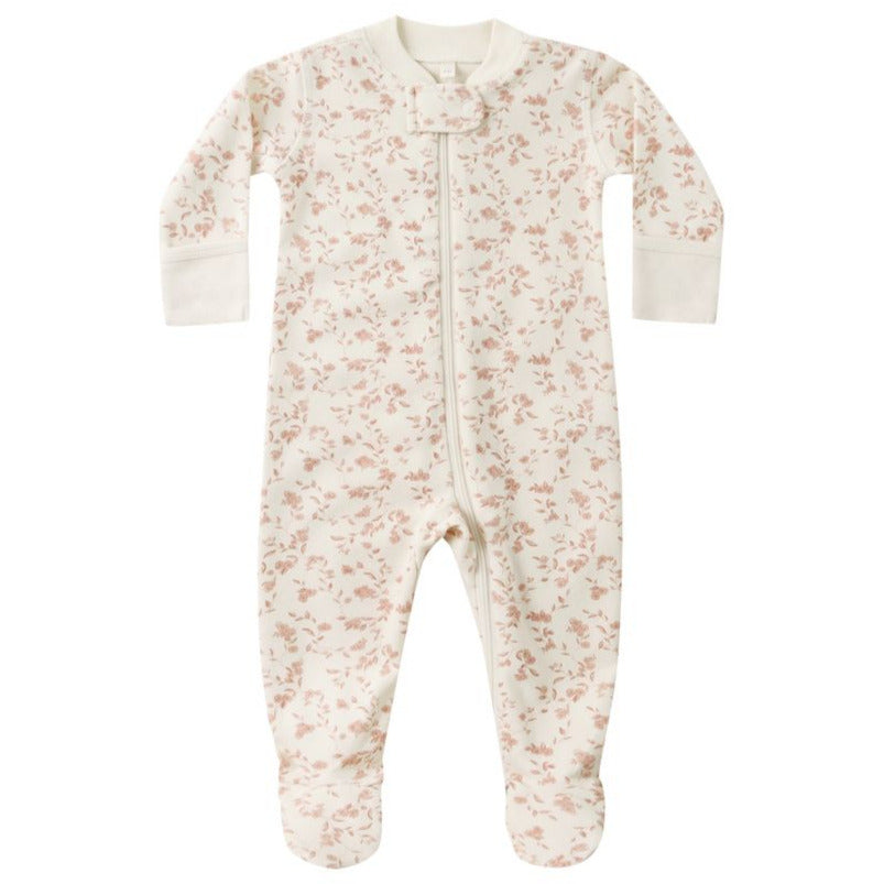 The Quincy Mae Baby Girls' Zip Long Sleeve Sleeper Footie features soft organic brushed jersey, a front zipper closure, and a light pink floral print on white.