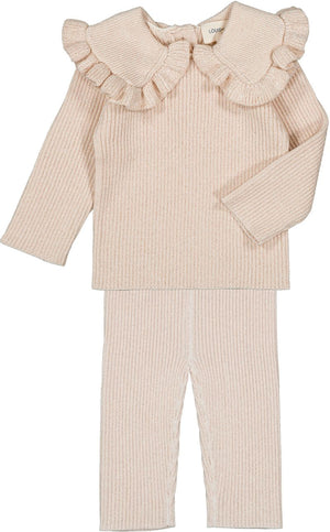 The Louis Louise Baby Girls' Chat Knitted Wool Blend Lurex Leggings feature a beige ribbed knit design, elasticated waistband, and super soft wool blend fabric, perfect for toddlers seeking comfort and style.