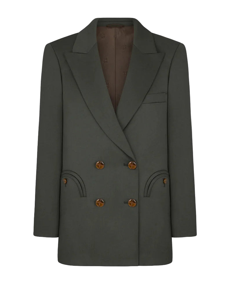 The Nahalin Everyday Blazer by Blaze Milano is a dark grey-green double-breasted wool-mohair blazer with peak lapels, four brown buttons, two curved front pockets, and a chest pocket—perfectly elevated for any occasion.