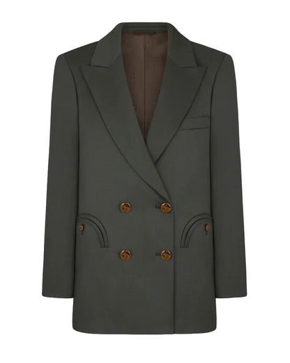 The Nahalin Everyday Blazer by Blaze Milano is a dark grey-green double-breasted wool-mohair blazer with peak lapels, four brown buttons, two curved front pockets, and a chest pocket—perfectly elevated for any occasion.