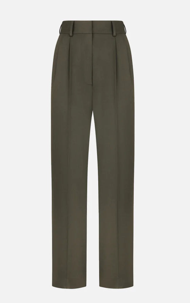 The Blaze Milano Nahalin Fox Pants are olive green high-waisted tailored pants featuring front pleats, belt loops, and straight legs, shown against a plain white background.