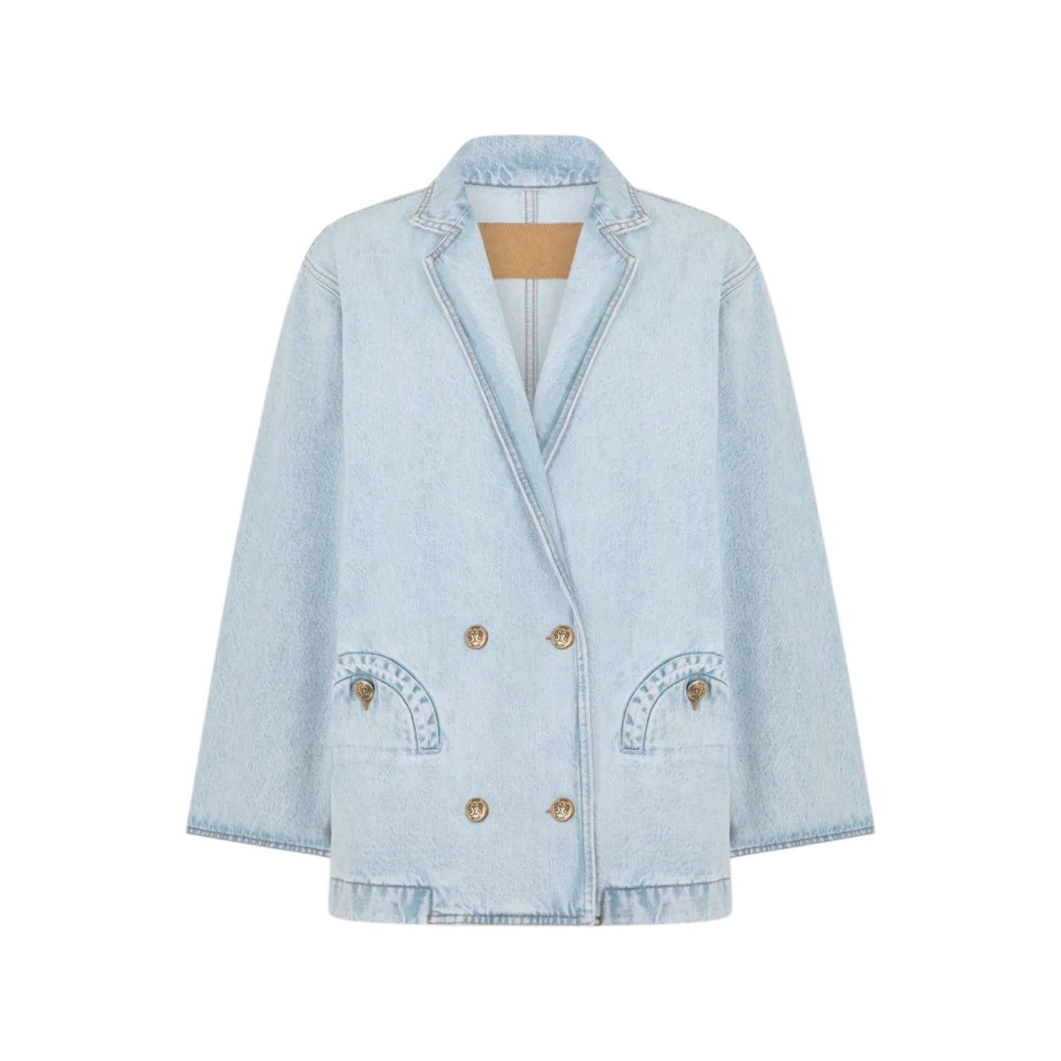 The Nariida Cory Jacket by Blaze Milano is a light blue denim, oversized double-breasted blazer with notched lapels, two front pockets, and metal buttons, shown on a plain white background.