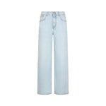 Blaze Milano’s Nariida Potoroo Jeans are ice-blue, high-waisted, wide-leg jeans with front and back pockets, a relaxed fit, and shown on a white background.