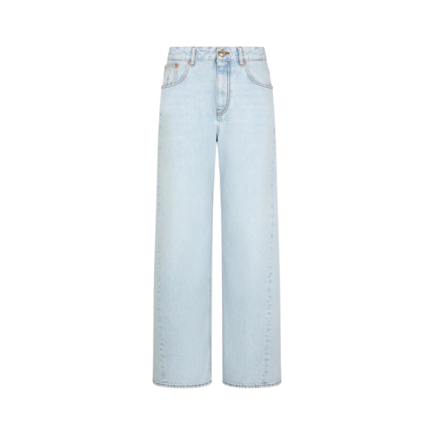 Blaze Milano’s Nariida Potoroo Jeans are ice-blue, high-waisted, wide-leg jeans with front and back pockets, a relaxed fit, and shown on a white background.