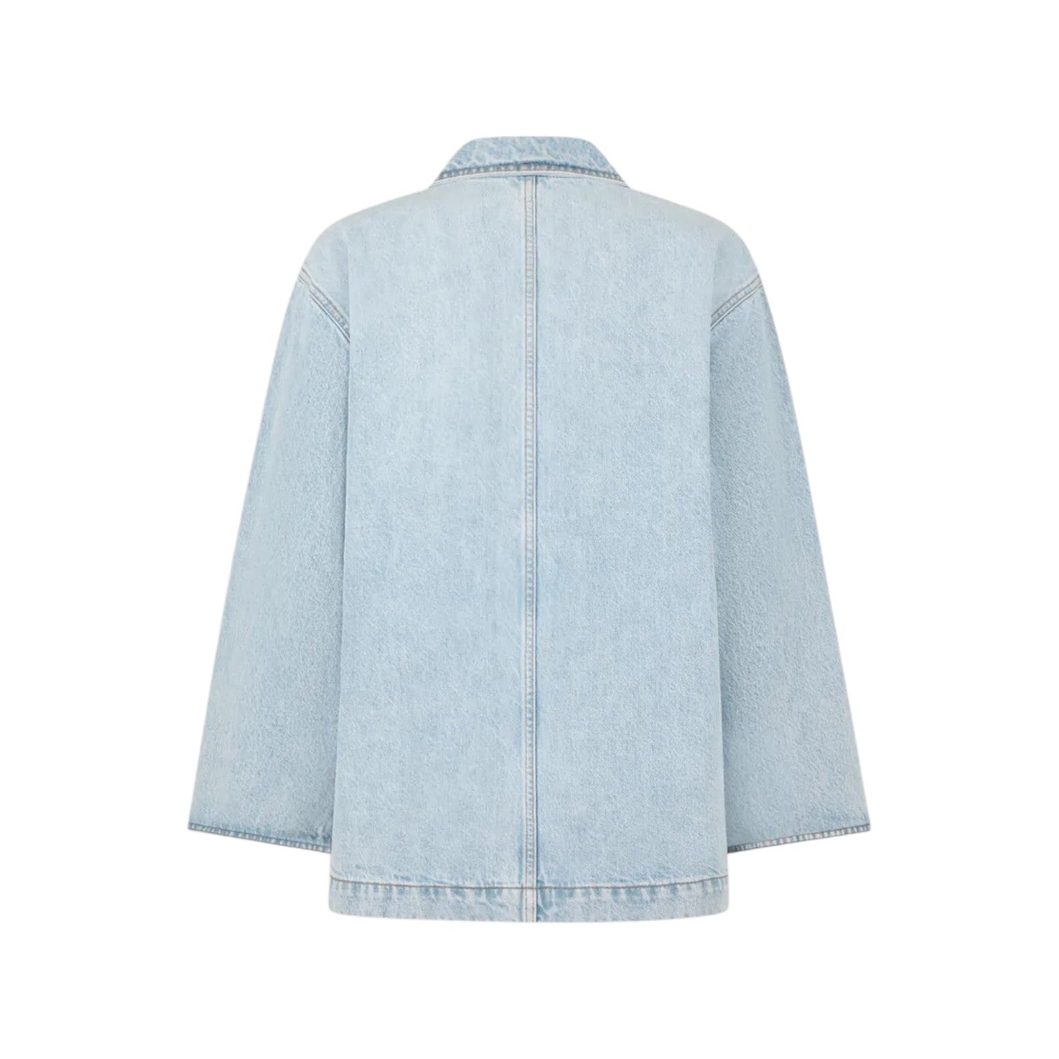 Back view of the light blue Nariida Cory Jacket by Blaze Milano, a denim blazer with long sleeves and a straight hem, shown against a white background.