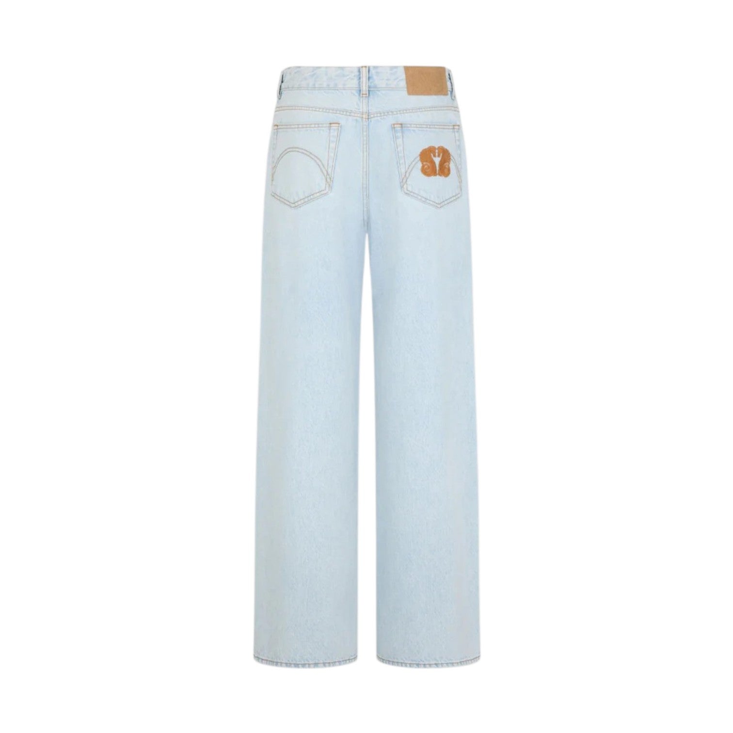 The Nariida Potoroo Jeans by Blaze Milano are light ice-blue wide leg jeans shown from the back, featuring two rear pockets, tan stitching, and a brown patch with a design on the right pocket.
