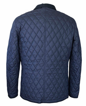 A back view of the Waterville Clay Diamond Quilt Jacket, showcasing its diamond-pattern stitch design and zip closure in a navy blue hue.