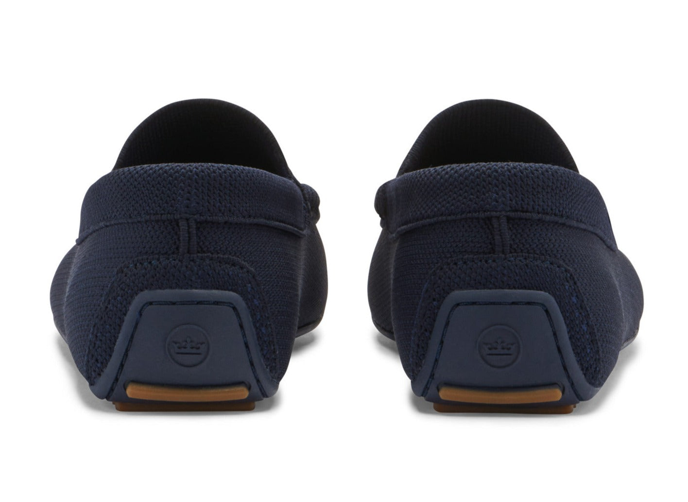 Rear view of a pair of Peter Millar navy blue Cruise Knit Driver sneakers on a white background.