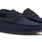 A pair of Peter Millar navy blue loafers with breathable performance uppers and rubber soles.