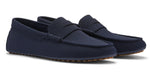 A pair of Peter Millar navy blue loafers with breathable performance uppers and rubber soles.