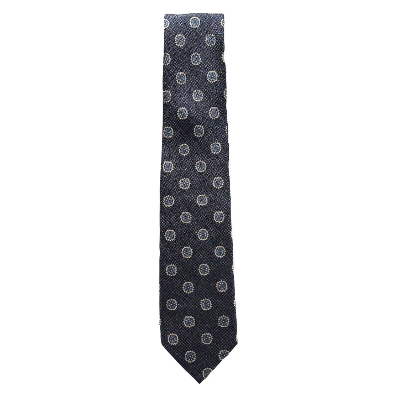 The Robert Jensen Starburst Tie is a navy silk tie, hand-stitched in Italy, featuring evenly spaced white circular dots.