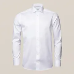 The Eton White Signature Twill Shirt, Contemporary Fit, offers timeless elegance and a wrinkle-free finish, shown on a plain beige background.