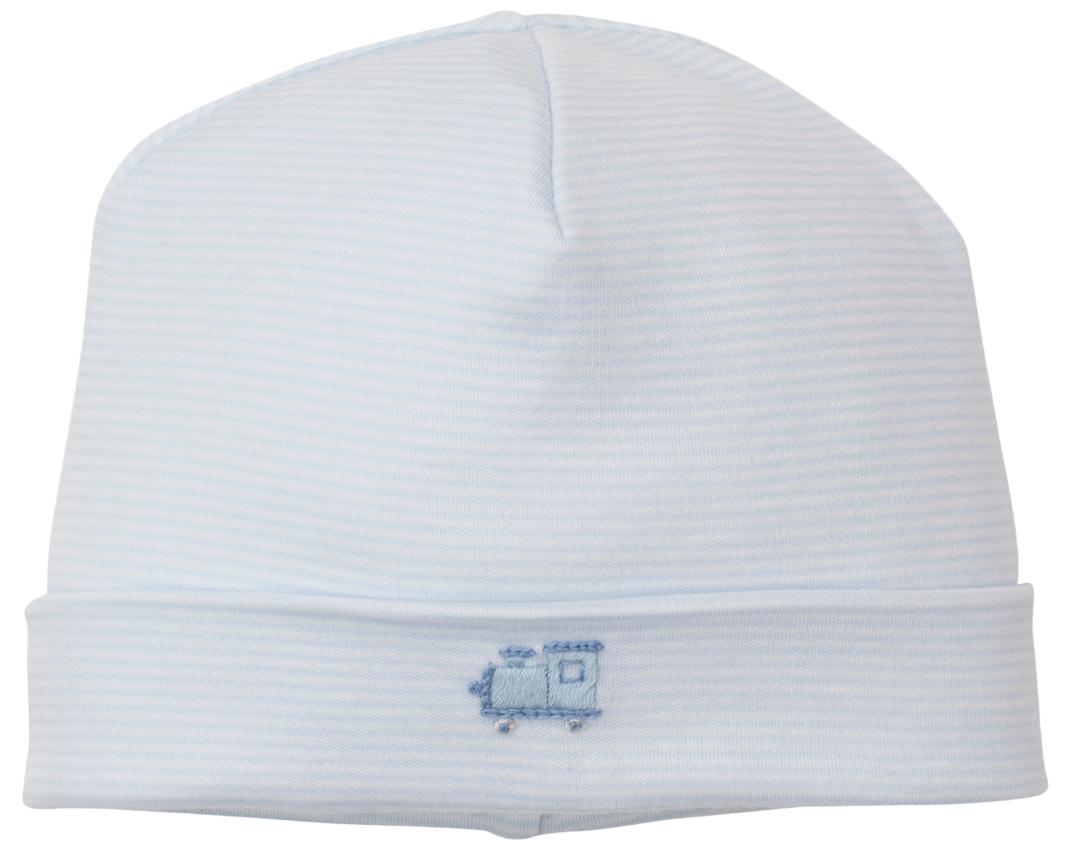 The Fall Medley Striped Hat with Hand Emb. by Kissy Kissy is a light blue Pima cotton baby cap featuring a small embroidered train on the front cuff, making it a cozy and adorable choice for everyday wear.