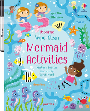 The "Wipe-Clean Mermaid Activities" book by Harper Collins features a colorful cover with mermaids and sea creatures, including mazes, drawing prompts, and puzzles designed to improve counting and pen control skills.