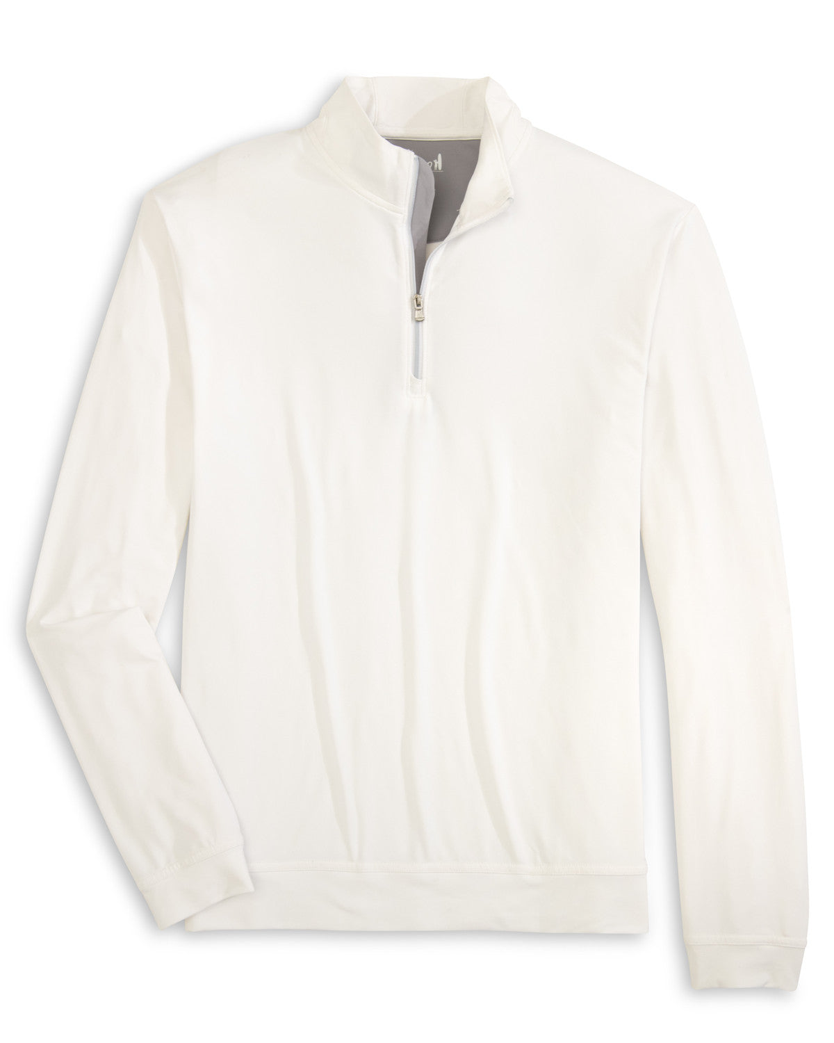 The Johnnie-O Motion Performance 1/4 Zip is a plain white long-sleeve pullover with a quarter-zip collar, ideal for the office and shown laid flat on a white background.