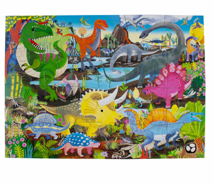 Discover a vibrant prehistoric landscape with Eeboo's Dinosaur Land 20-Piece Puzzle, featuring colorful illustrations of T. rex, Triceratops, Stegosaurus, Brachiosaurus, lush plants, volcanoes, and a winding river—a perfect jigsaw puzzle to spark an interest in paleontology for enthusiasts of all ages.