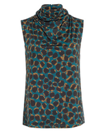 The Holt Top by Altuzarra is a sleeveless teal blouse detailed with a brown and black leopard print, a draped mock turtleneck neckline, and a straight silhouette for effortless style.