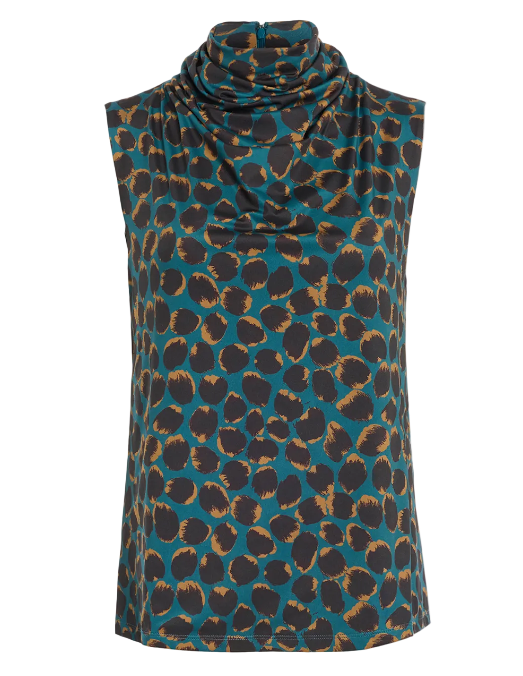 The Holt Top by Altuzarra is a sleeveless teal blouse detailed with a brown and black leopard print, a draped mock turtleneck neckline, and a straight silhouette for effortless style.