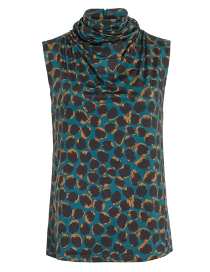 The Holt Top by Altuzarra is a sleeveless teal blouse detailed with a brown and black leopard print, a draped mock turtleneck neckline, and a straight silhouette for effortless style.