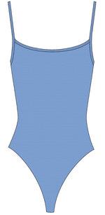 The Hunza G Pamela Swim is a simple blue one-piece swimsuit featuring thin shoulder straps, high-cut legs, and a scoop neckline, crafted from textured crinkle fabric for added comfort, and displayed on a white background.