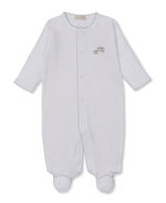 The Kissy Kissy Baby Premier Sweet Sheep Footie features a classic white long-sleeve design with cozy footed bottoms, convenient front snap closures, and a delicate hand-embroidered sheep on the chest. Expertly crafted from ultra-soft Peruvian cotton, this charming baby footie is part of our Sweet Sheep Collection.